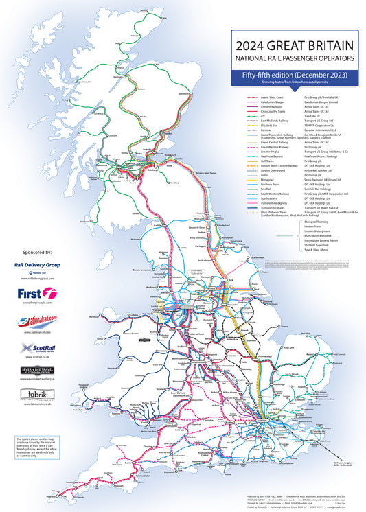 UK Rail Operators Map 55th  Edition - Laminated Railway Wall Map