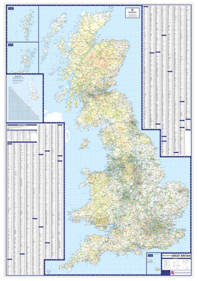 British Isles Motoring Map - A-Z Road Wall Map of UK