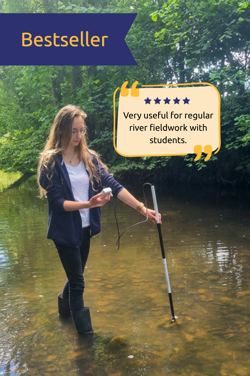 A woman standing in a shallow river holding a flowmeter, with promotional text overlays reading 'Bestseller' and 'Very useful for regular river fieldwork with students.'.