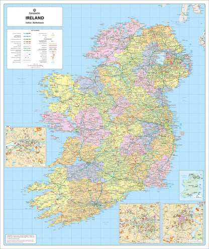 Ireland Political Map - Irish Wall Map with Roads and County Borders