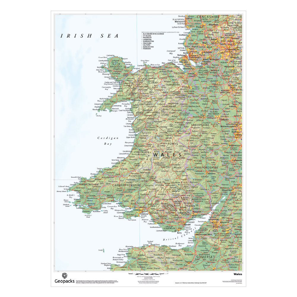 Welsh Union Map Physical Map of Wales Wall Map – Geopacks