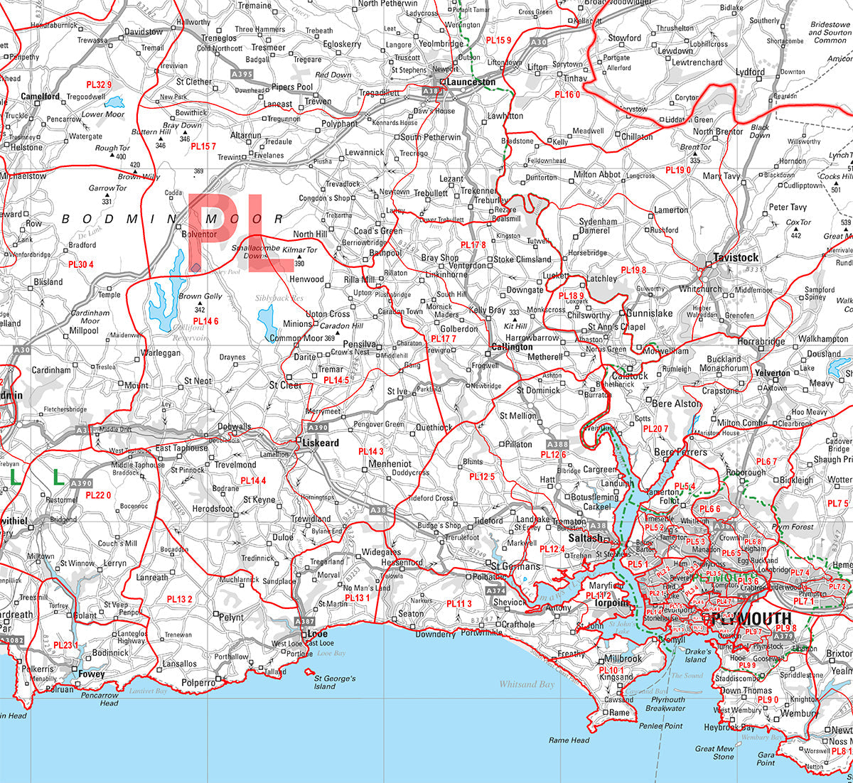 Cornwall and Scilly Isles Postcode Wall Map - Sector Map 1