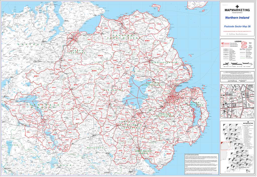 Northern Ireland (Belfast) Postcode Wall Map - Sector Map 36 – Geopacks