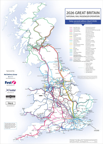 UK Rail Operators Map 62nd  Edition - Laminated Railway Wall Map