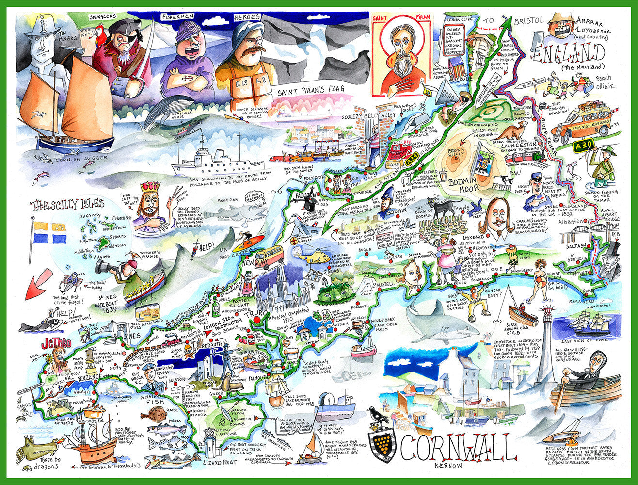Map of Cornwall - Tim Bulmer - 300 Piece Wooden Jigsaw Puzzle – Geopacks