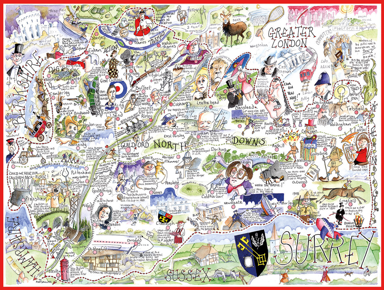 Map of Surrey - Tim Bulmer - 300 Piece Wooden Jigsaw Puzzle – Geopacks