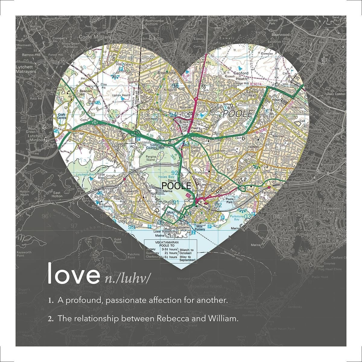 Wall Art - Personalised Framed Dictionary Definition Map - Love