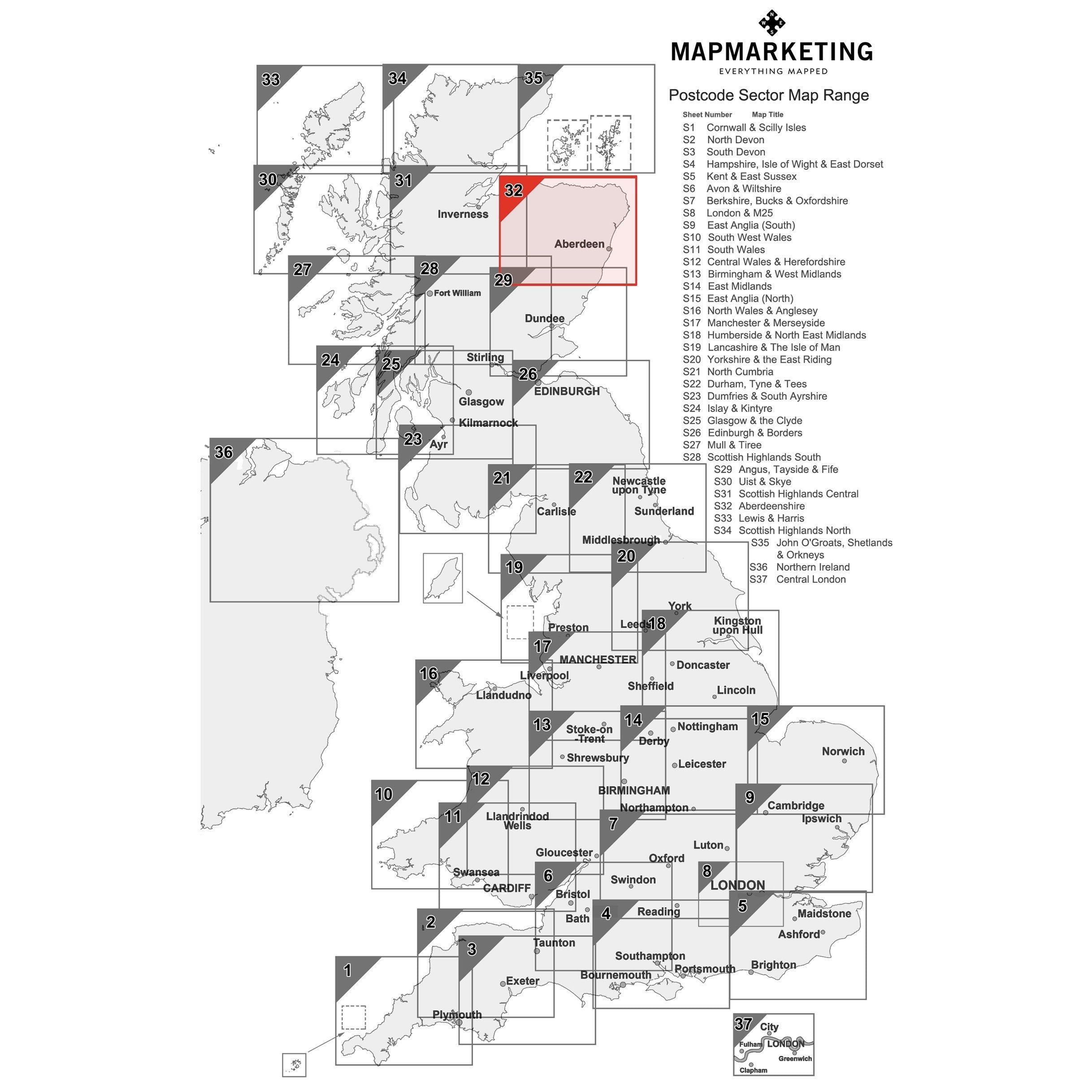 Aberdeenshire Postcode Wall Map - Sector Map 32 – Geopacks