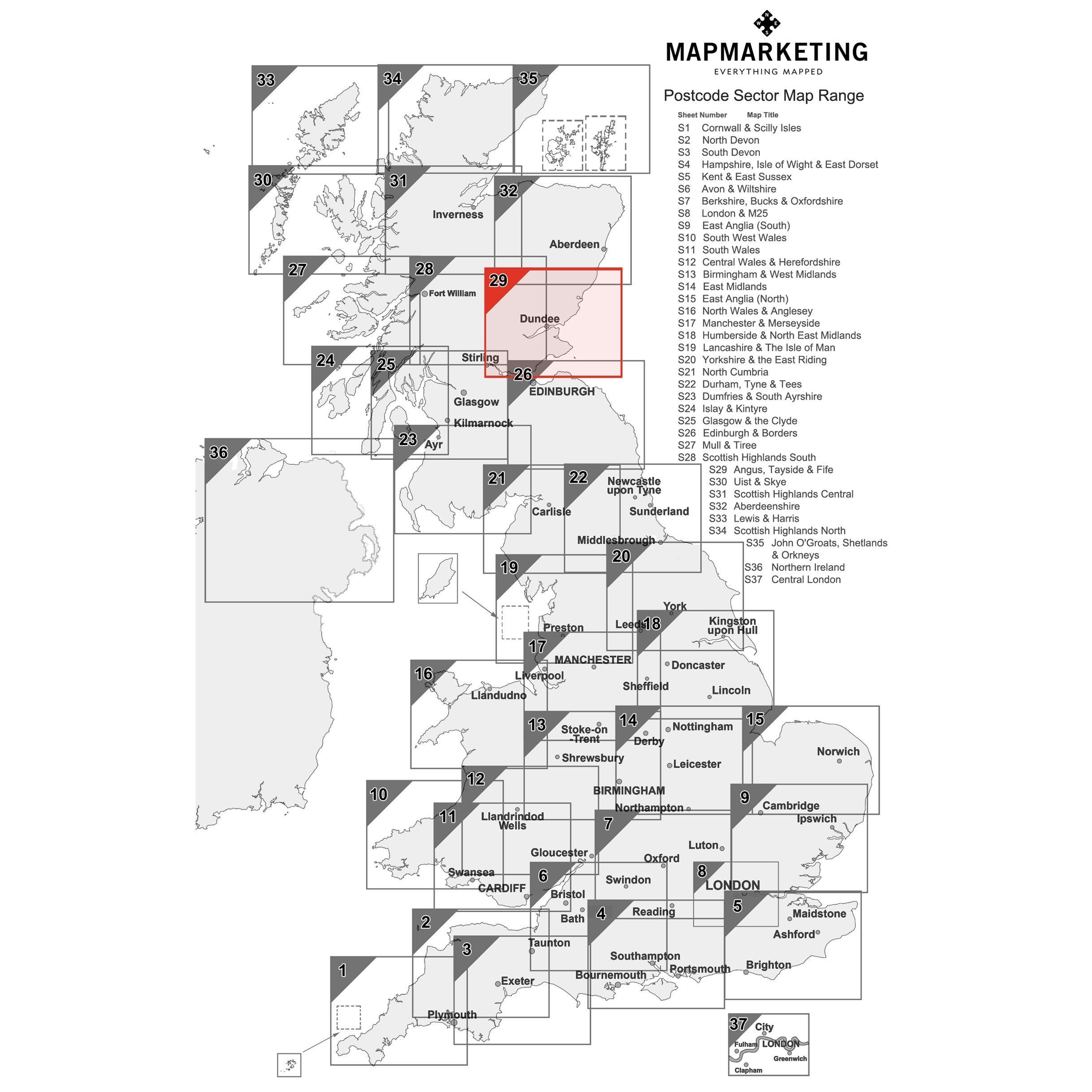 Angus, Tayside and Fife Postcode Wall Map - Sector Map 29 – Geopacks