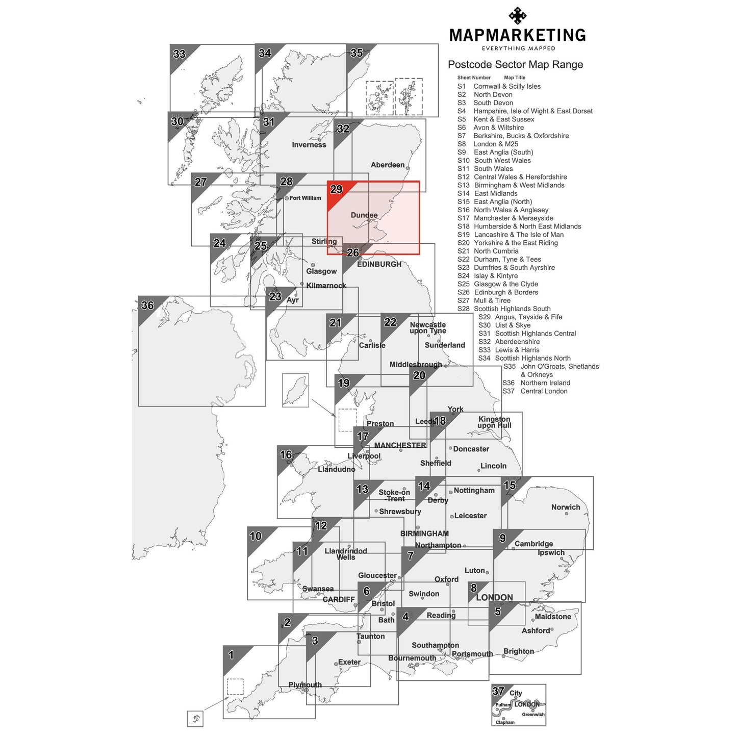 Wall Maps - Angus, Tayside And Fife Postcode Wall Map - Sector Map 29