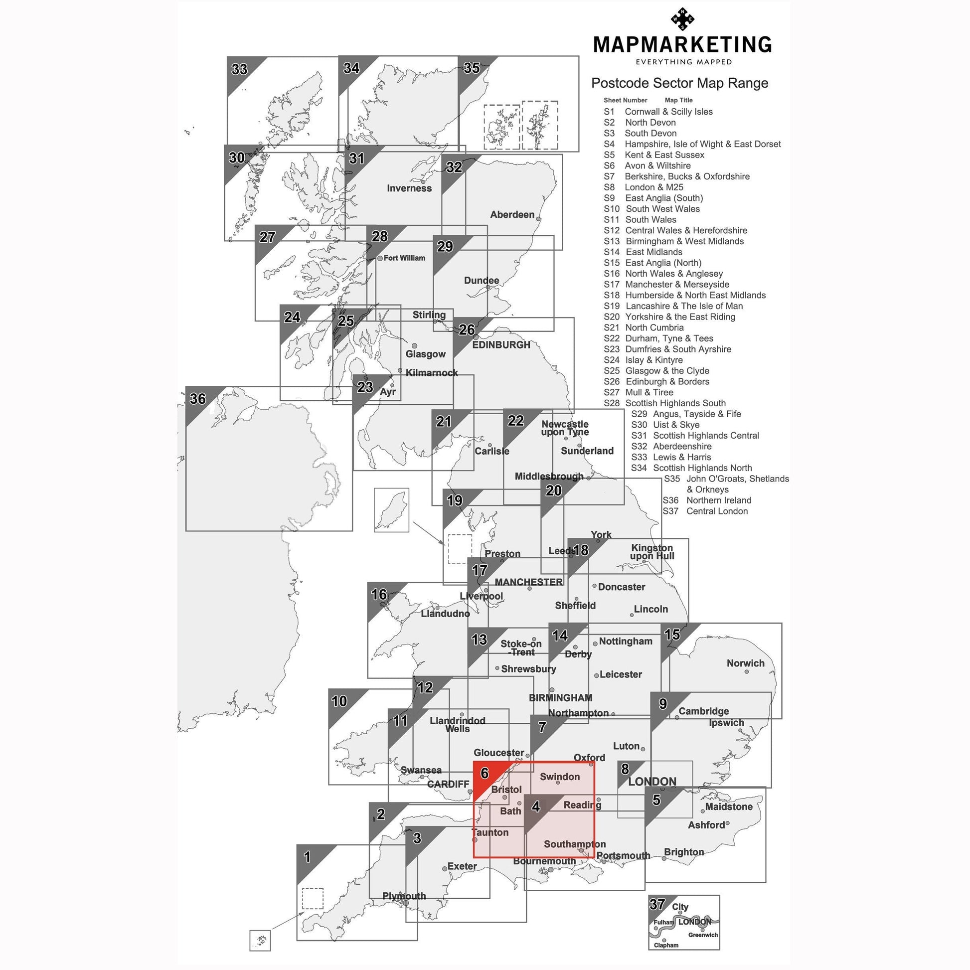 Wall Maps - Avon And Wiltshire (Bristol) Postcode Wall Map - Sector Map 6