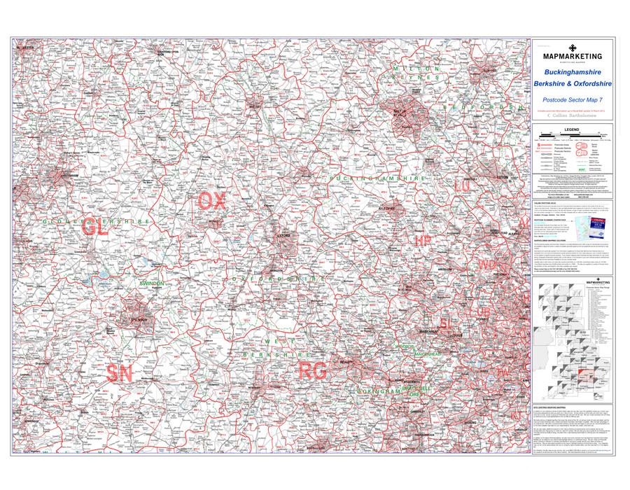 Wall Maps - Berkshire, Buckinghamshire And Oxfordshire Postcode Wall Map Sector Map 7