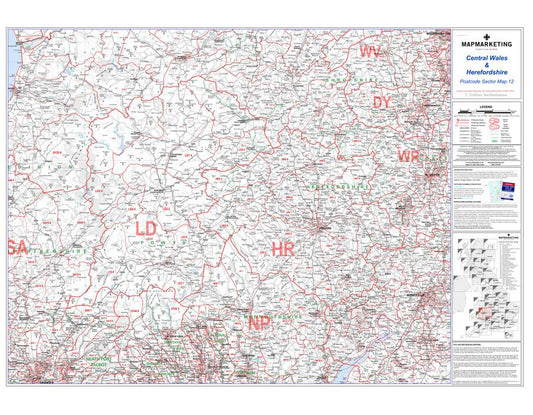 Wall Maps - Central Wales And Herefordshire Postcode Wall Map - Sector Map 12
