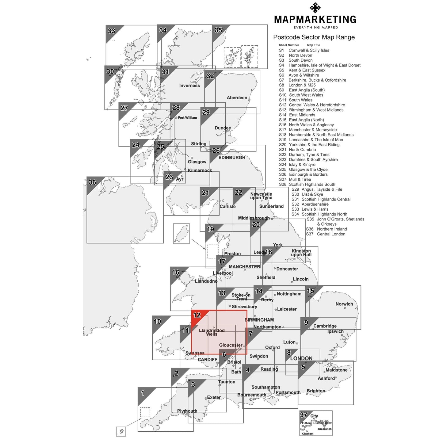 Wall Maps - Central Wales And Herefordshire Postcode Wall Map - Sector Map 12