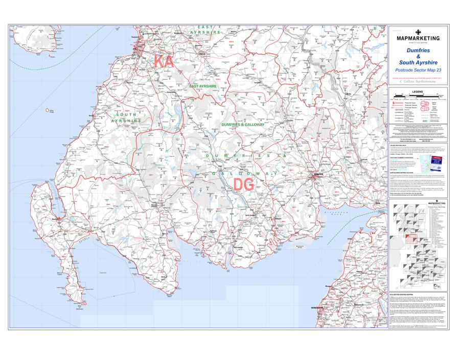 Wall Maps - Dumfries And South Ayrshire Postcode Wall Map - Sector Map 23