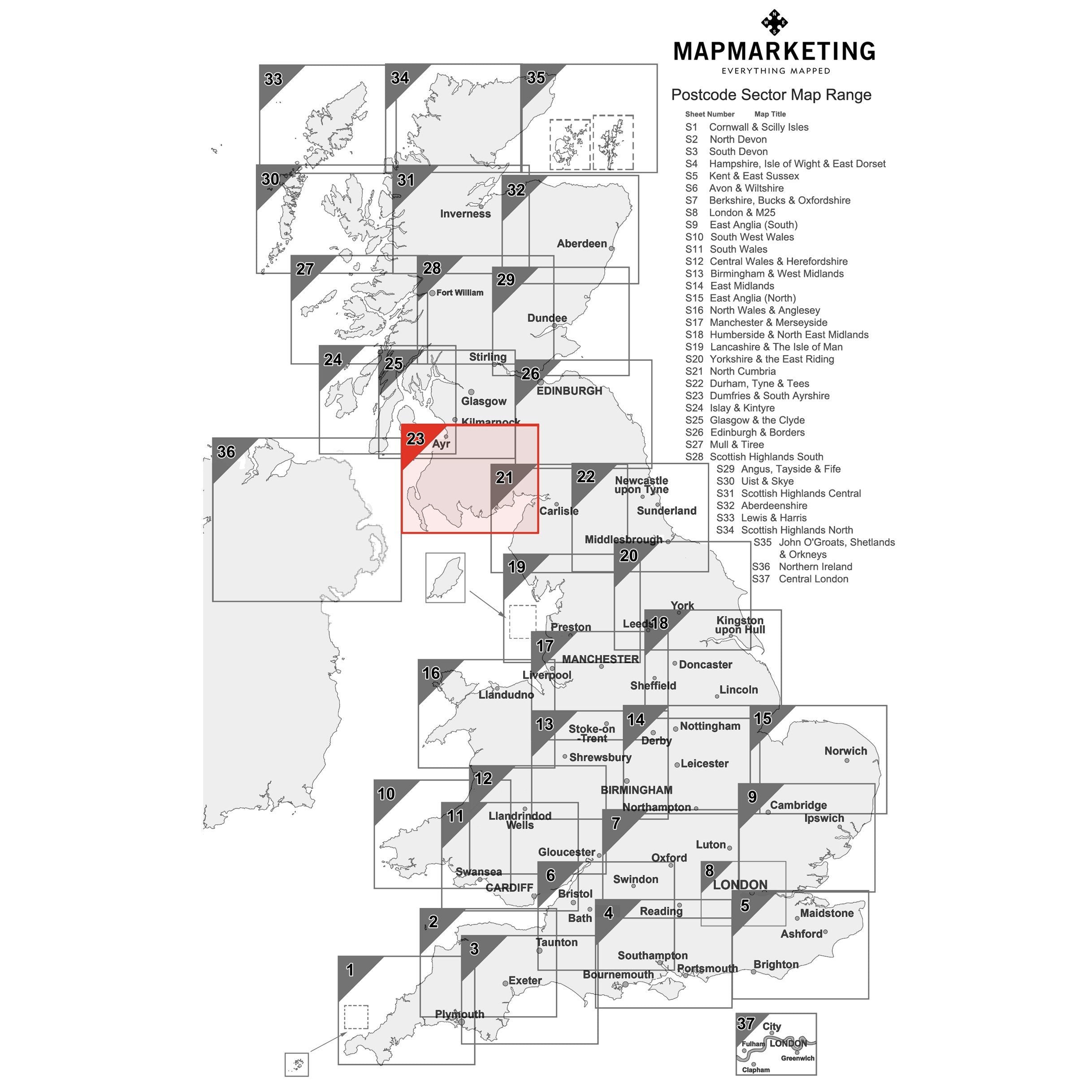Ayr Postcode Dumfries and South Ayrshire Postcode Wall Map - Sector Map 23 – Geopacks
