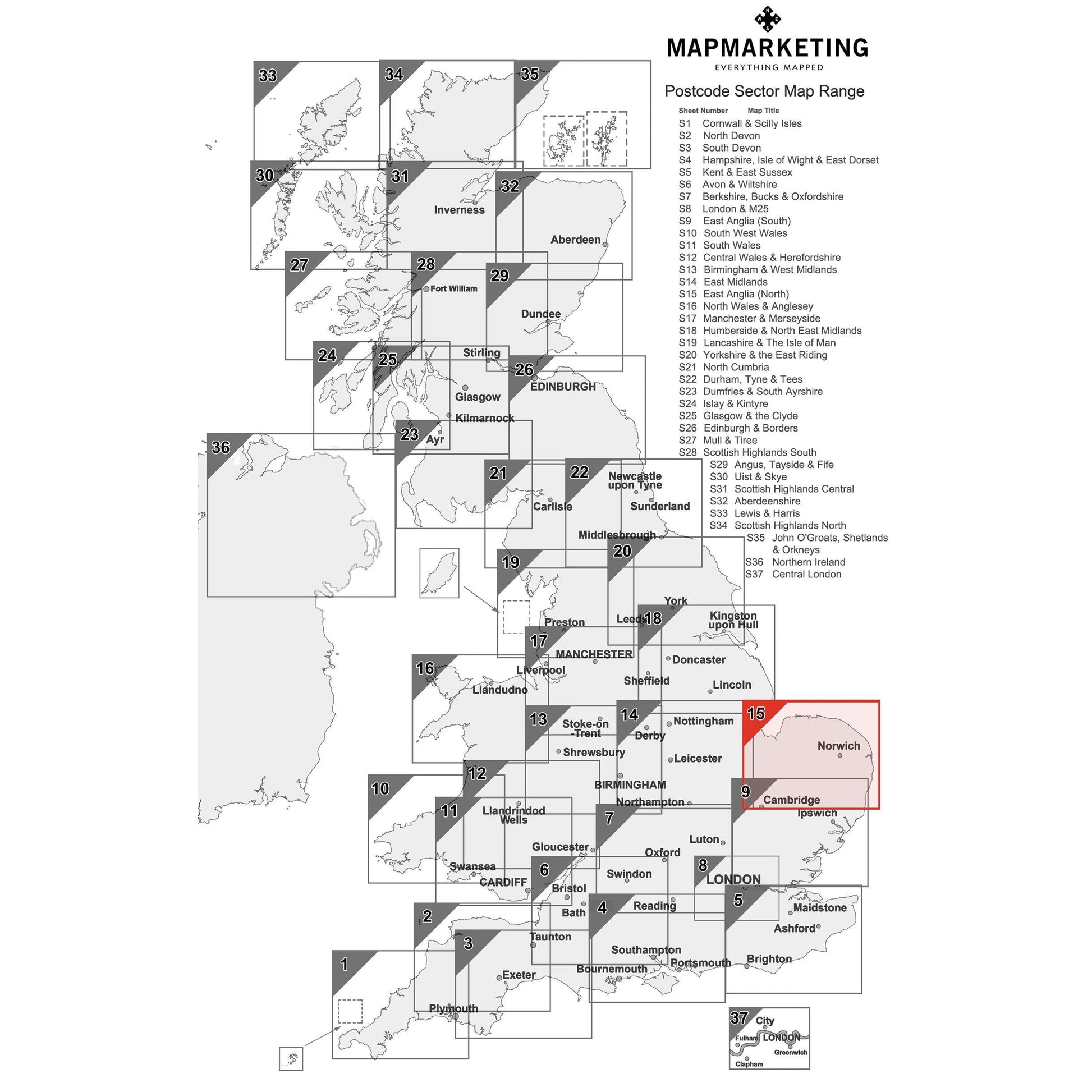 Wall Maps - East Anglia (North) Postcode Wall Map - Sector Map 15