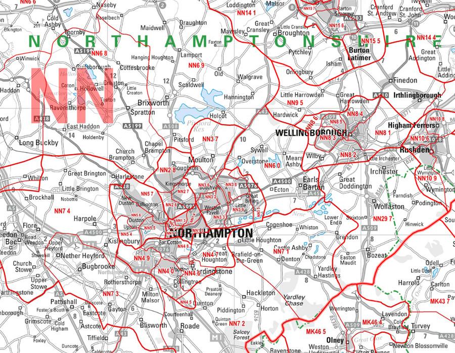 Wall Maps - East Midlands Postcode Wall Map - Sector Map 14