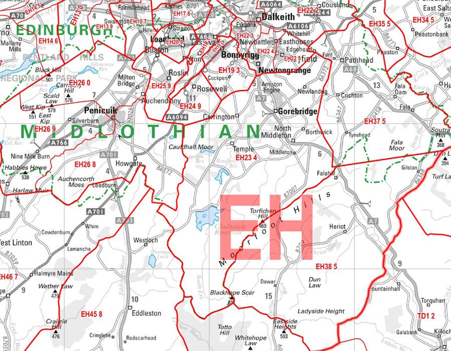 Wall Maps - Edinburgh And Borders Postcode Wall Map - Sector Map 26