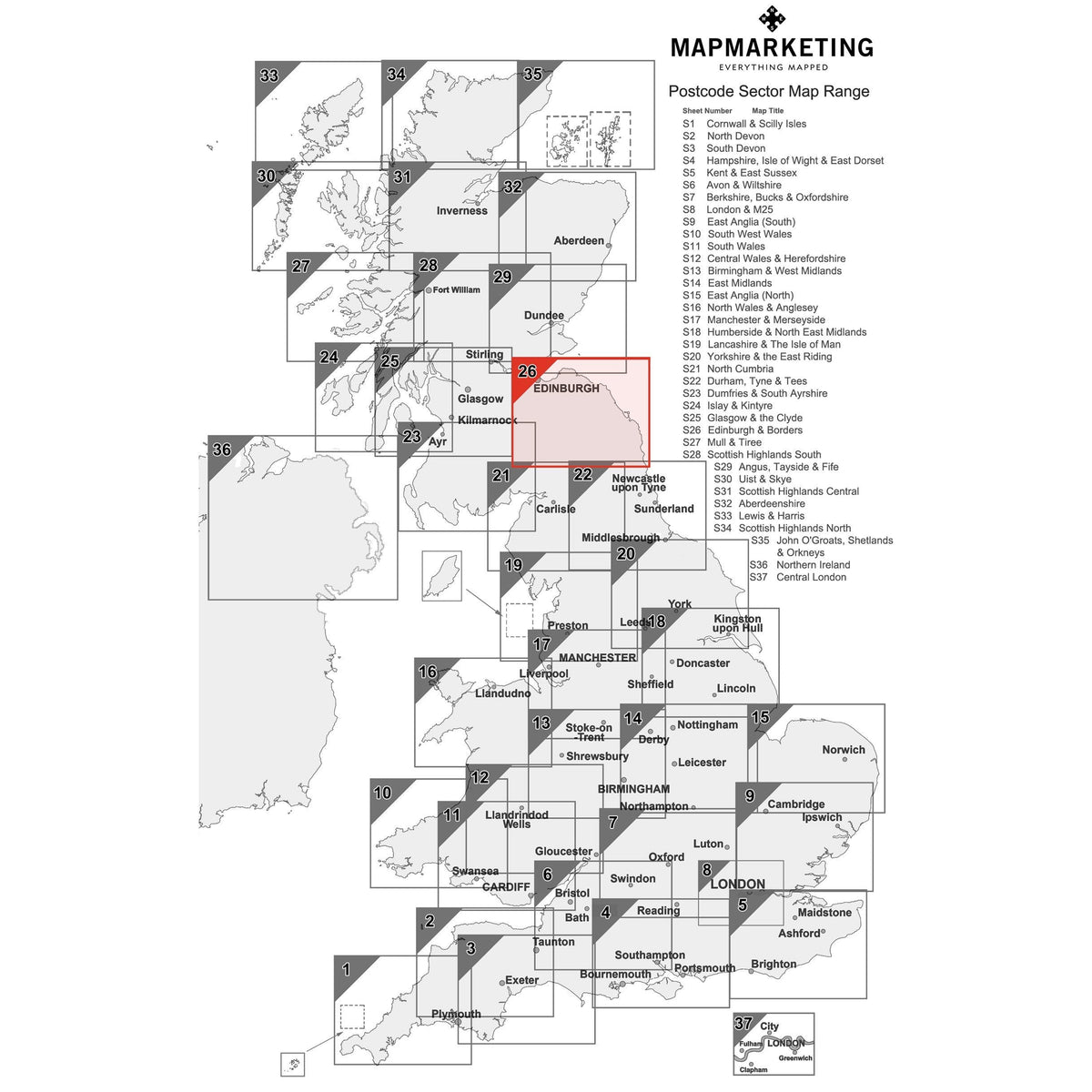 Edinburgh and Borders Postcode Wall Map - Sector Map 26 – Geopacks