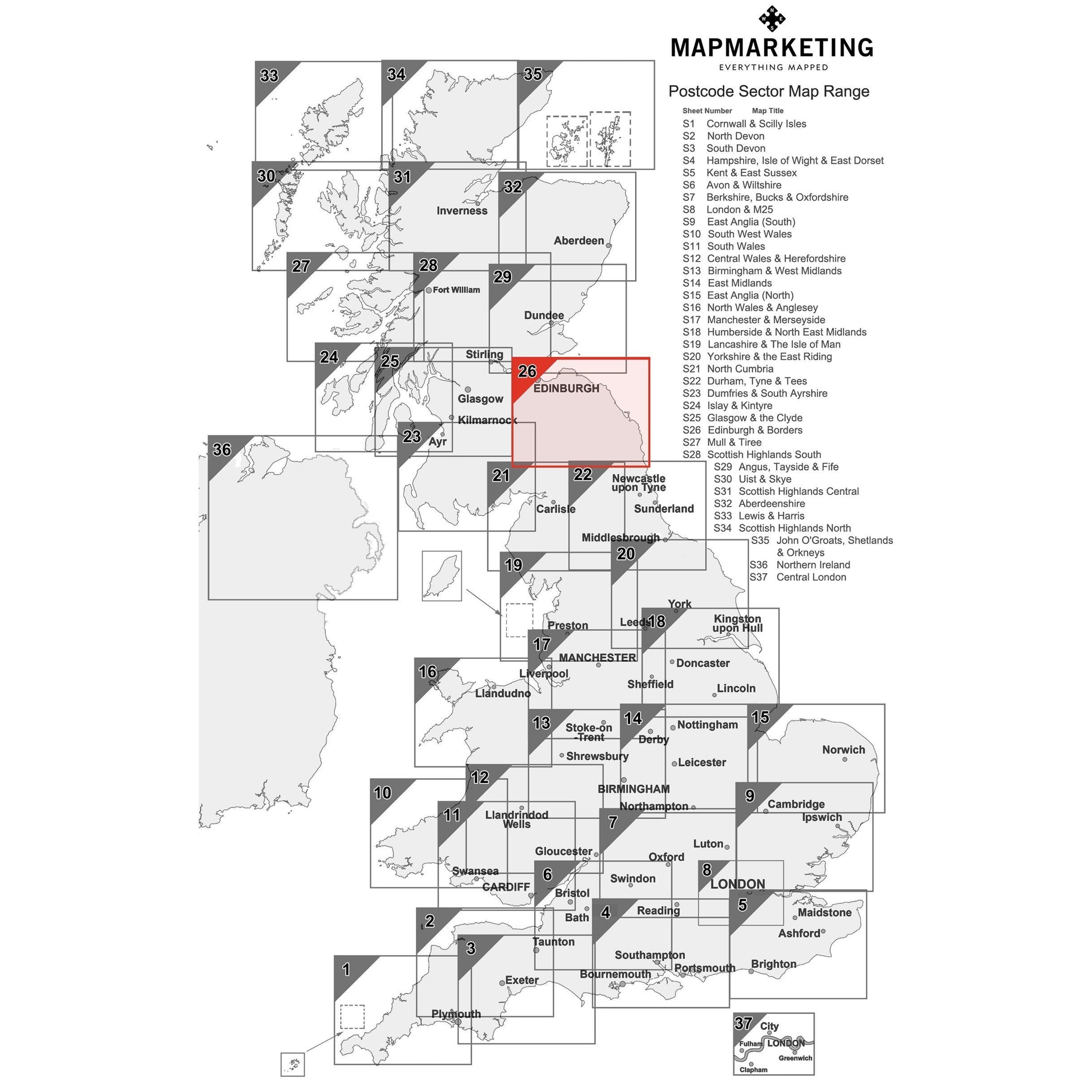 Wall Maps - Edinburgh And Borders Postcode Wall Map - Sector Map 26