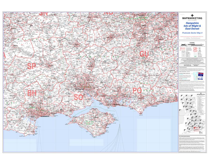 Wall Maps - Hampshire, Isle Of Wight And East Dorset Postcode Wall Map - Sector Map 4