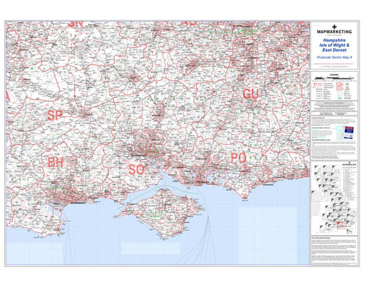 Wall Maps - Hampshire, Isle Of Wight And East Dorset Postcode Wall Map - Sector Map 4