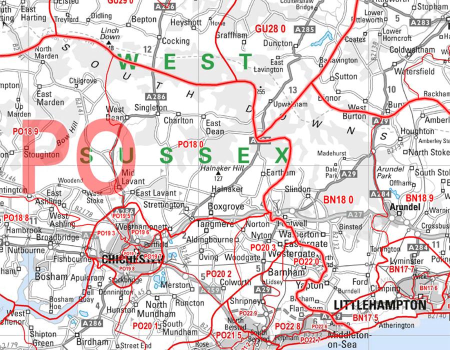 Wall Maps - Hampshire, Isle Of Wight And East Dorset Postcode Wall Map - Sector Map 4