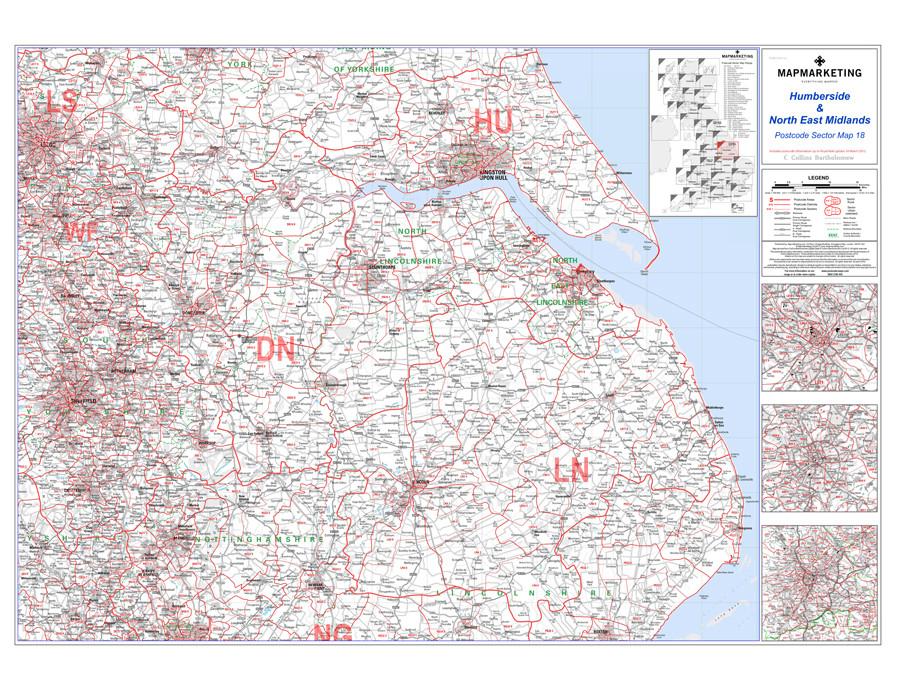 Wall Maps - Humberside And N E Midlands (Leeds / Bradford / Sheffield) Postcode Wall Map - Sector Map 18