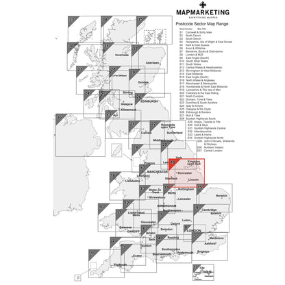 Wall Maps - Humberside And N E Midlands (Leeds / Bradford / Sheffield) Postcode Wall Map - Sector Map 18