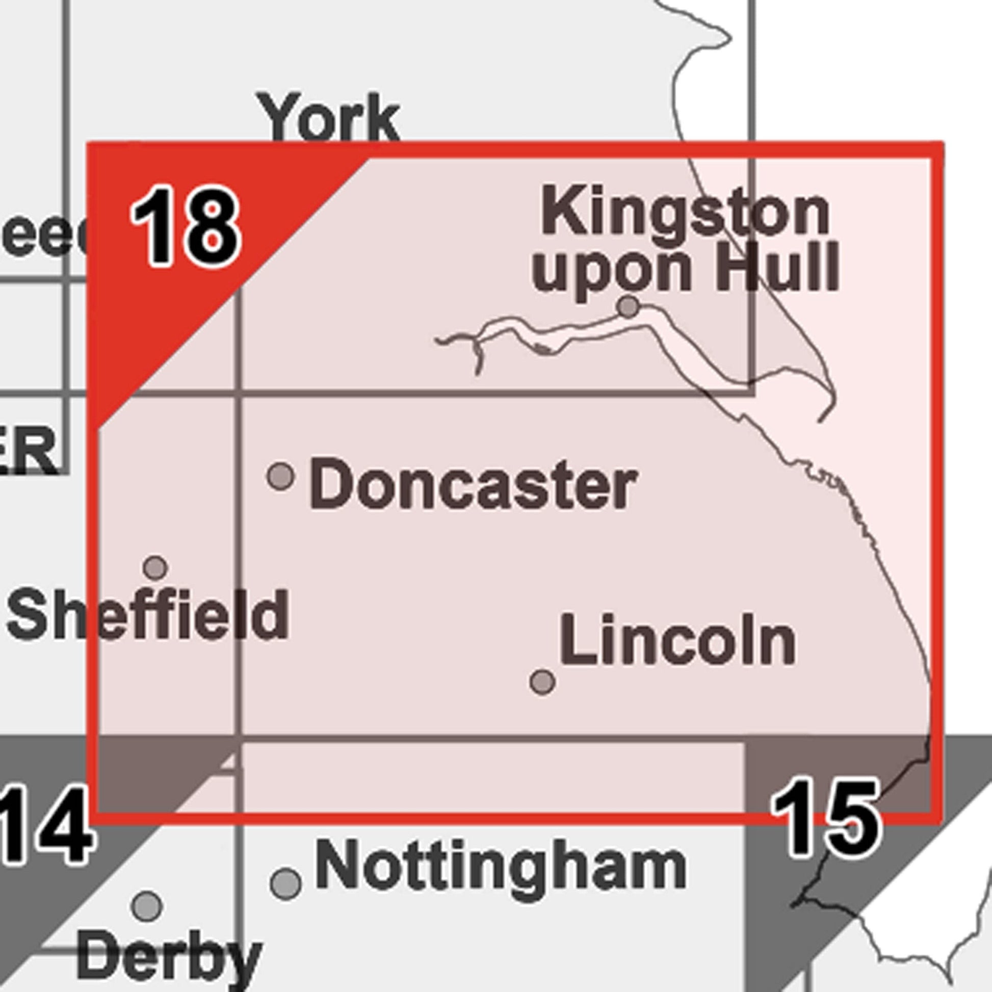 Wall Maps - Humberside And N E Midlands (Leeds / Bradford / Sheffield) Postcode Wall Map - Sector Map 18