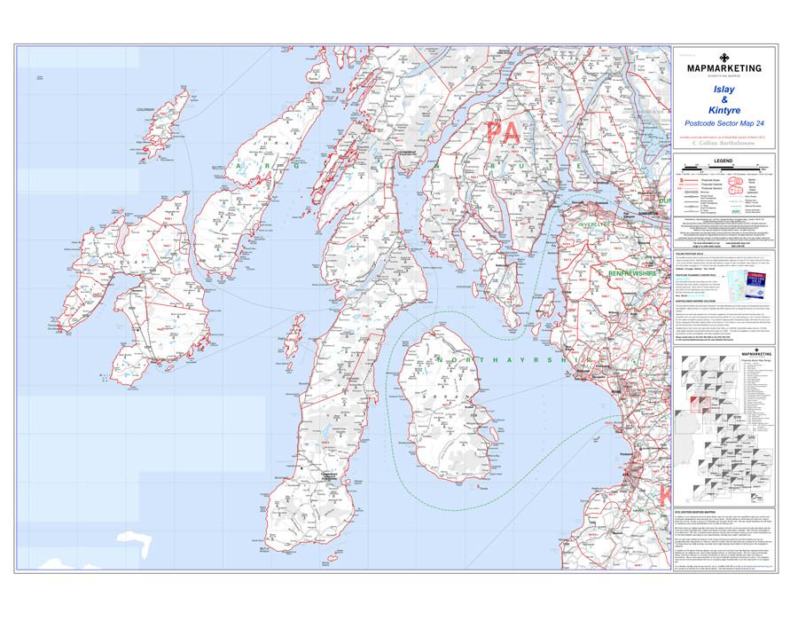Wall Maps - Islay And Kintyre Postcode Wall Map - Sector Map 24