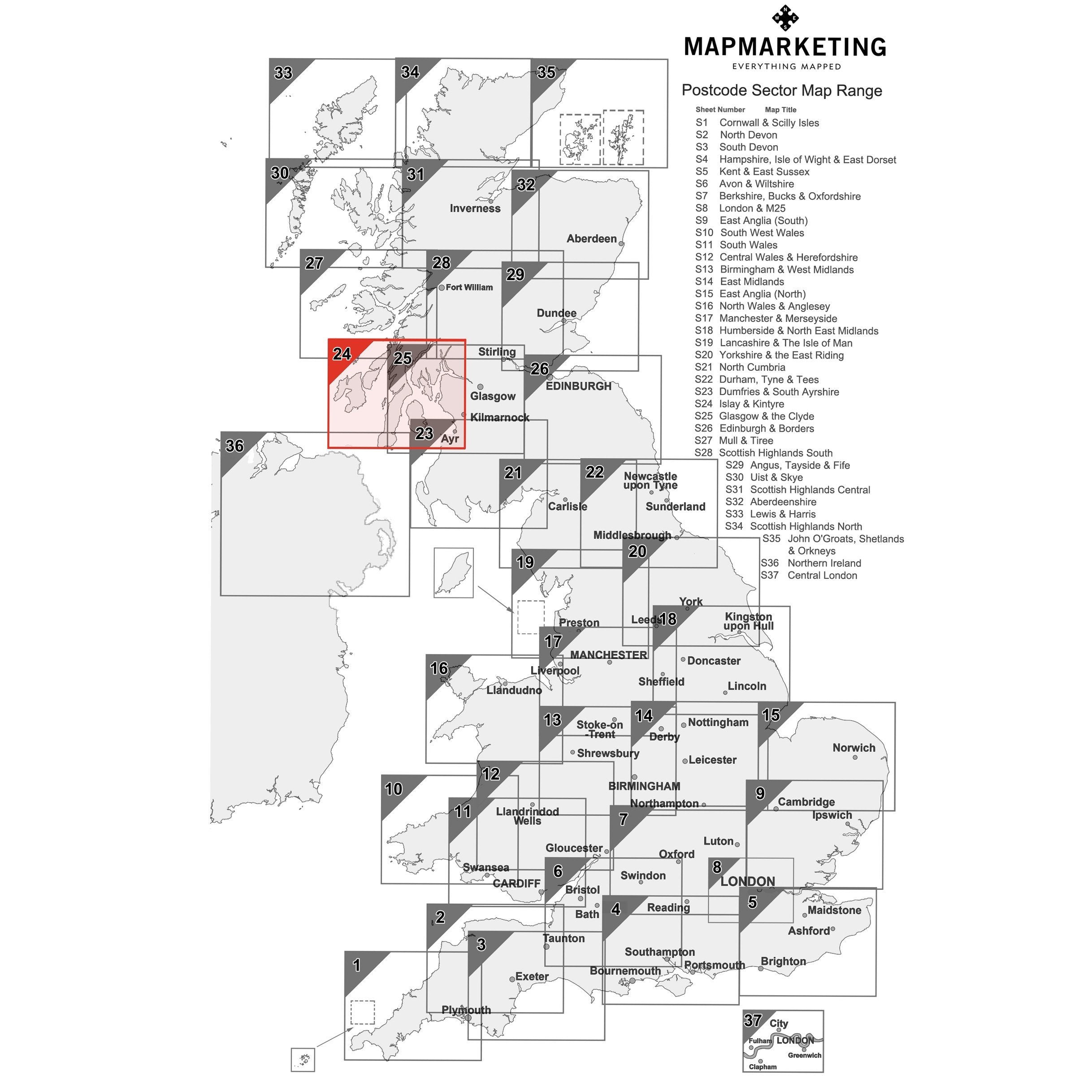Islay and Kintyre Postcode Wall Map - Sector Map 24 – Geopacks