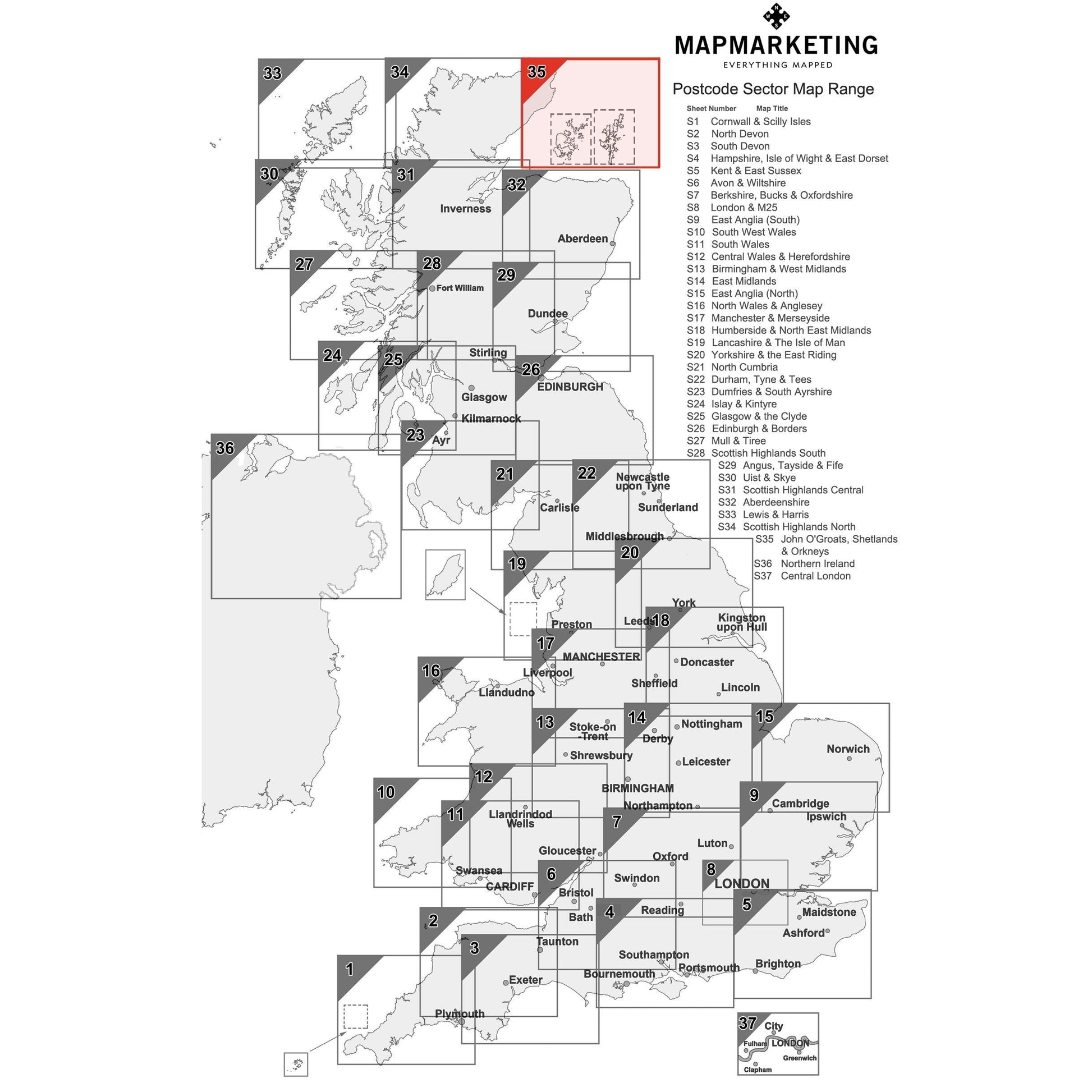 Wall Maps - John O'Groats, Shetlands And Orkneys Postcode Wall Map - Sector Map 35