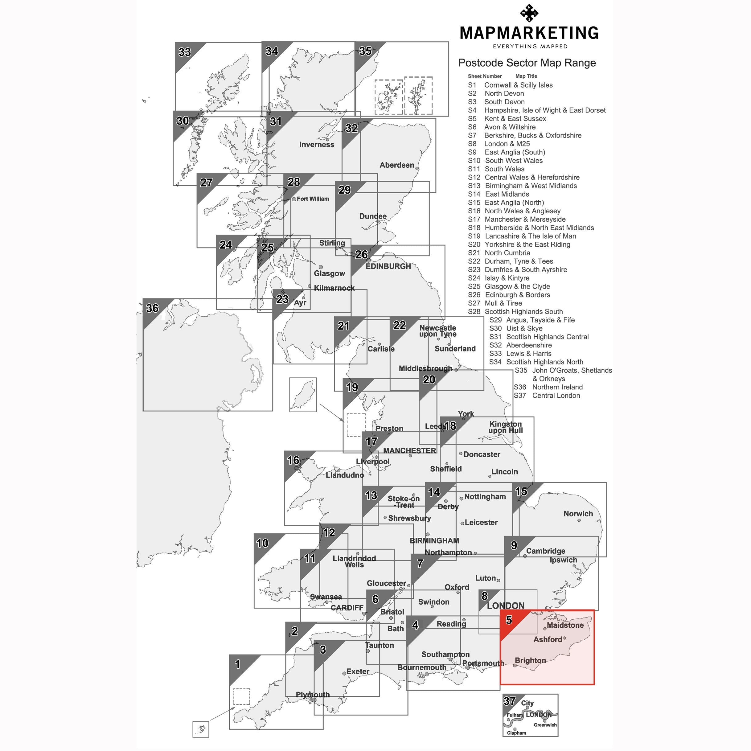 Kent and East Sussex Postcode Wall Map - Sector Map 5 – Geopacks