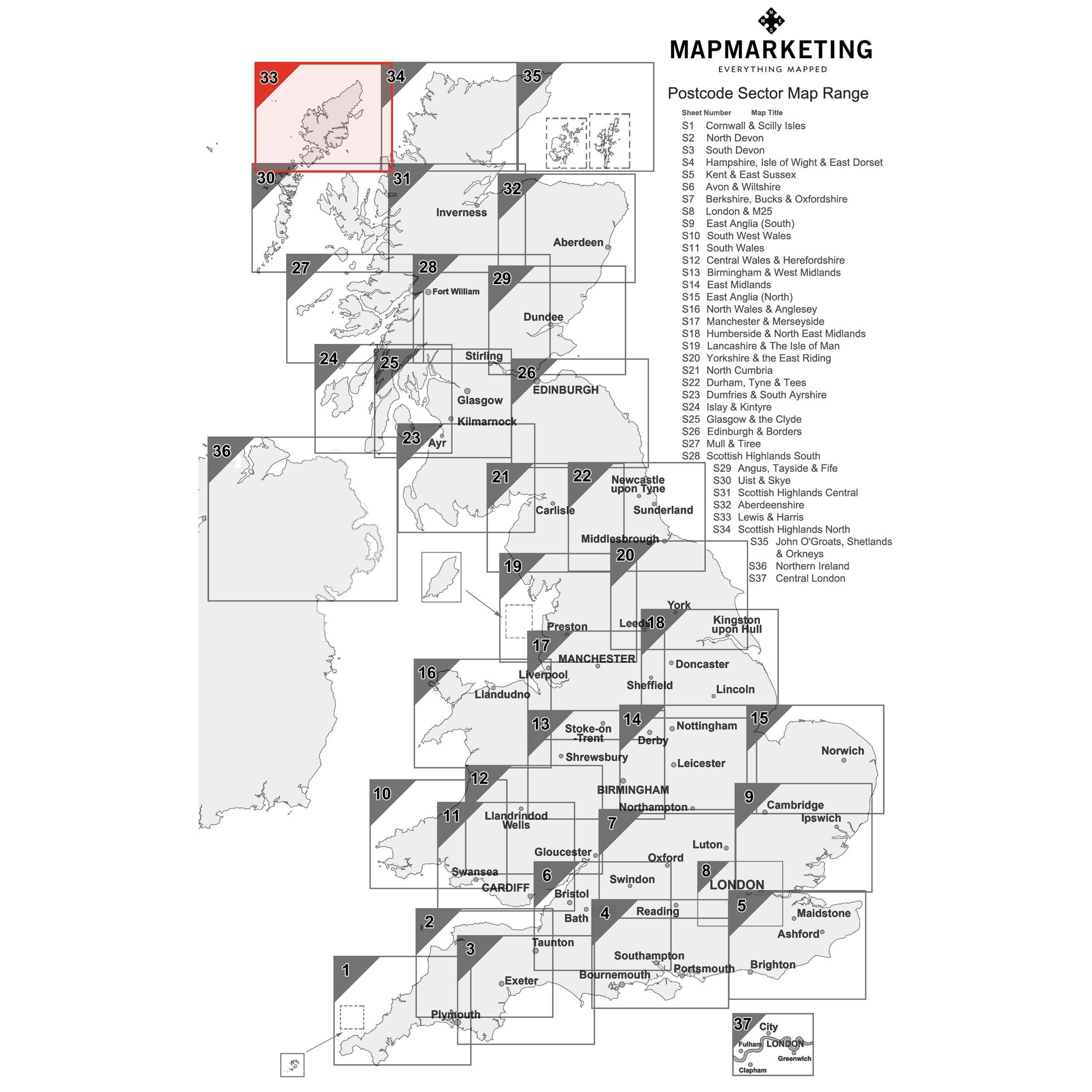 2333 Postcode Map Lewis and Harris Postcode Wall Map - Sector Map 33 – Geopacks