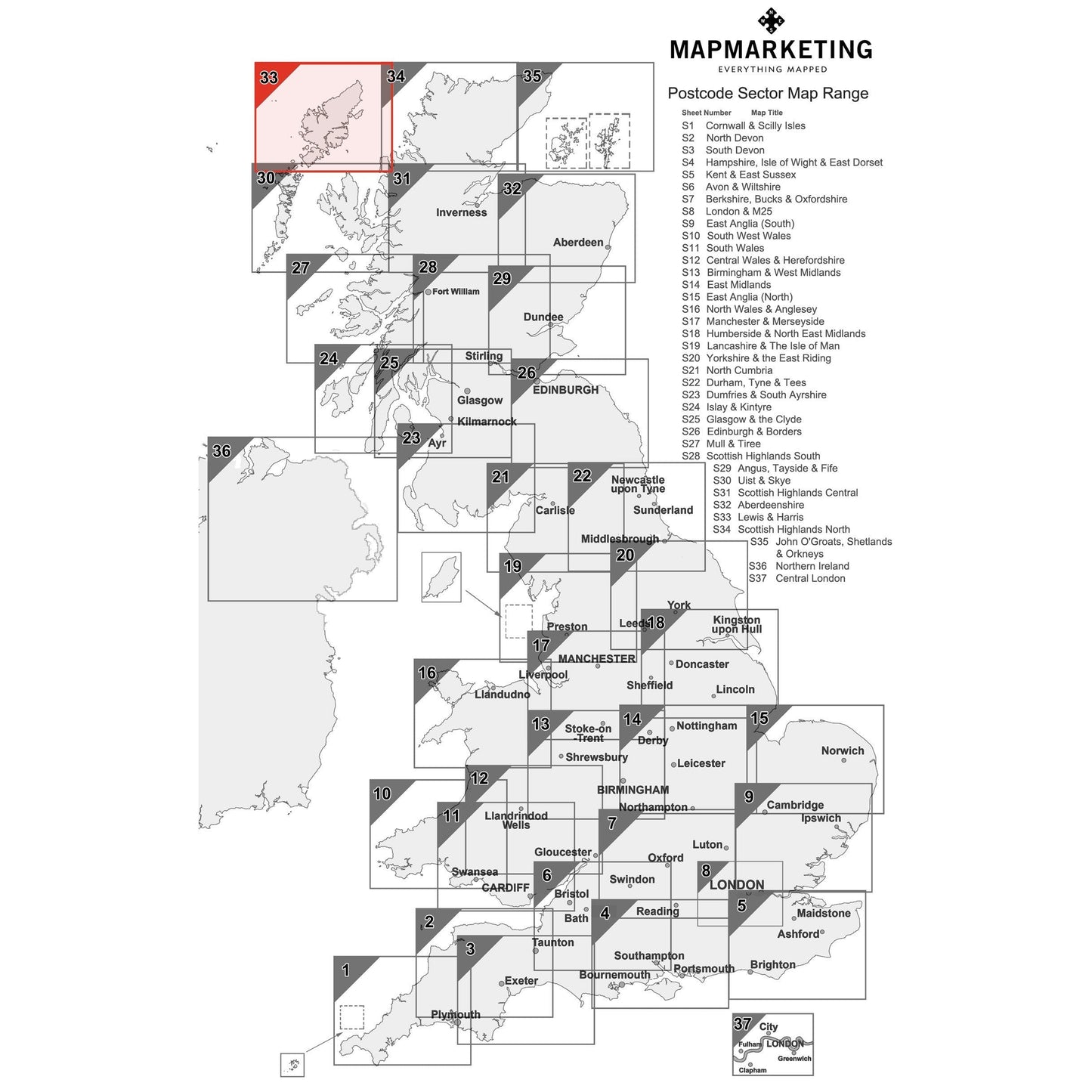 Wall Maps - Lewis And Harris Postcode Wall Map - Sector Map 33