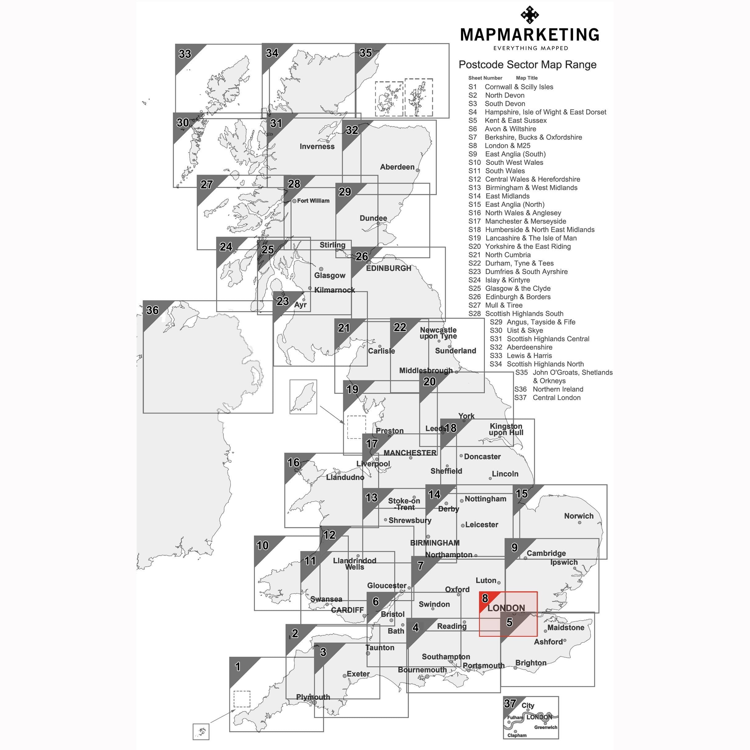 2520 Postcode Map London and the M25 Postcode Wall Map - Sector Map 8 – Geopacks