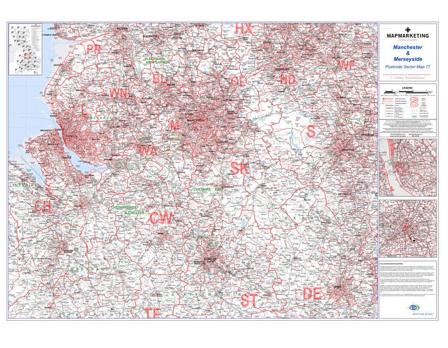 Wall Maps - Manchester And Merseyside (Liverpool) Postcode Wall Map - Sector Map 17