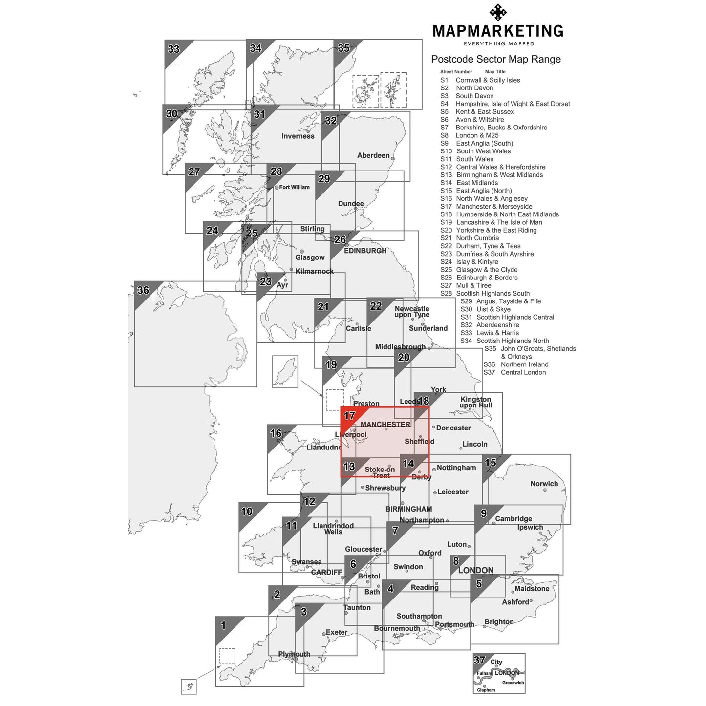 Wall Maps - Manchester And Merseyside (Liverpool) Postcode Wall Map - Sector Map 17
