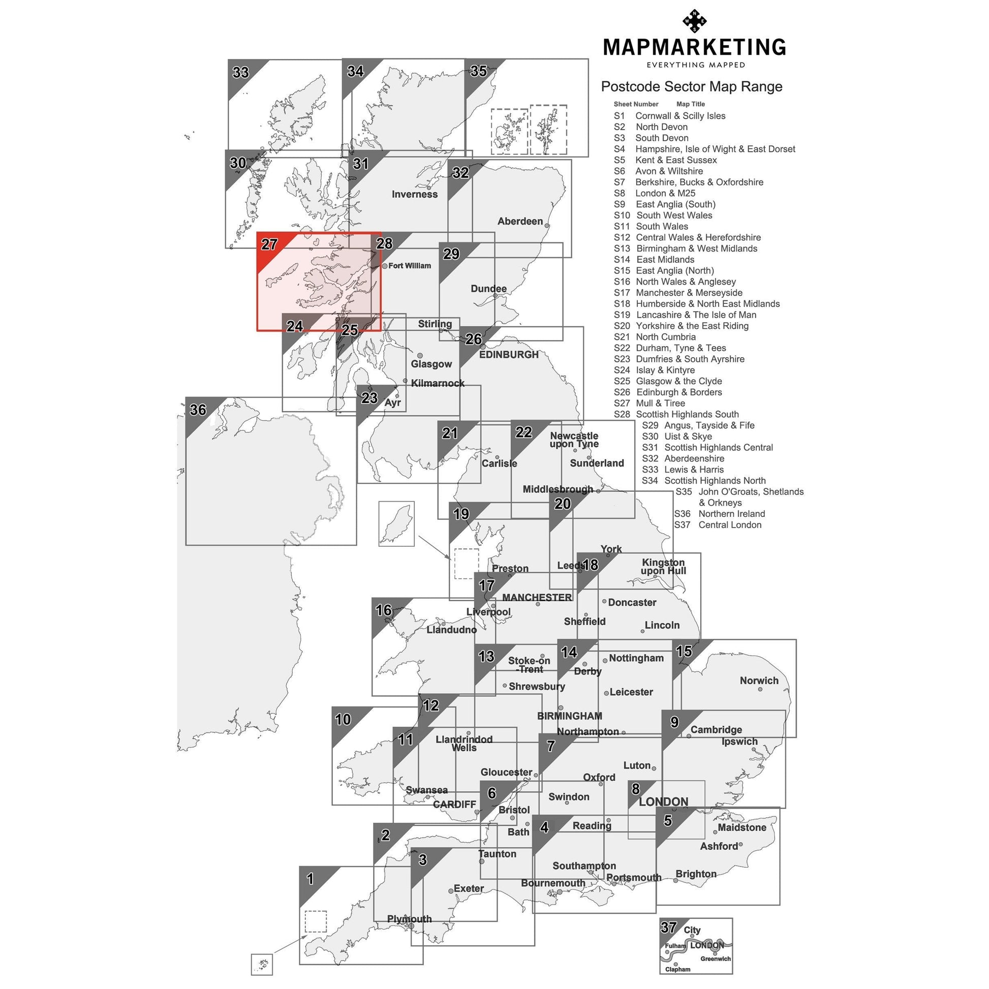 Wall Maps - Mull And Tiree Postcode Wall Map - Sector Map 27