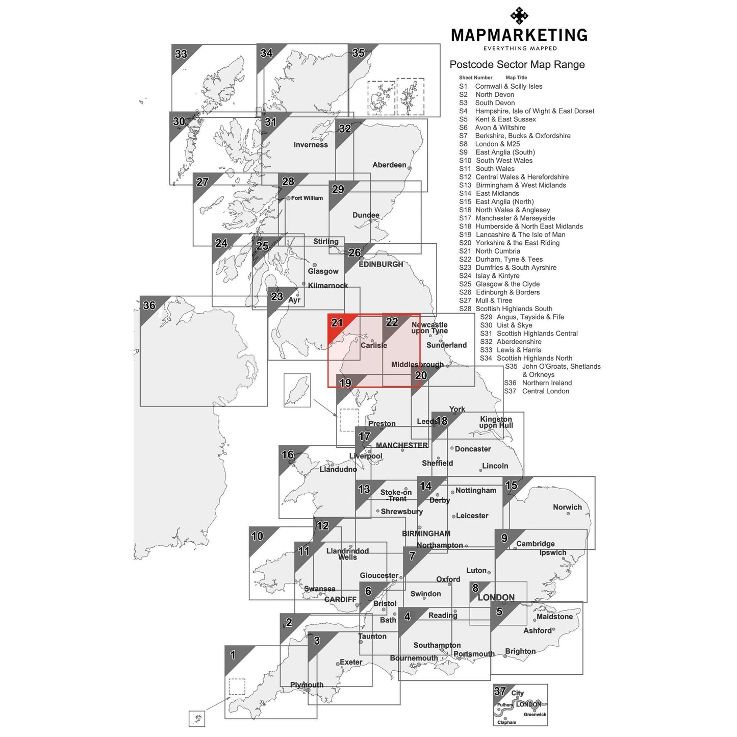 Wall Maps - North Cumbria Postcode Wall Map - Sector Map 21