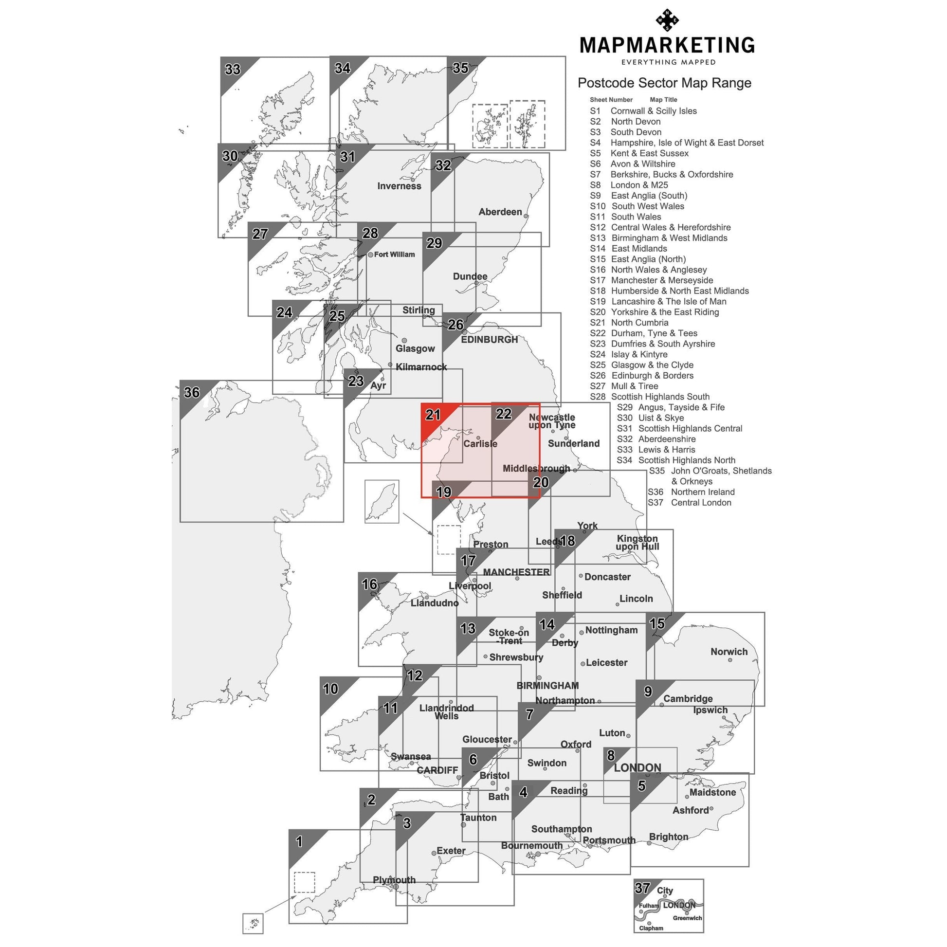 Wall Maps - North Cumbria Postcode Wall Map - Sector Map 21