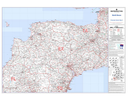 Wall Maps - North Devon Postcode Wall Map - Sector Map 2