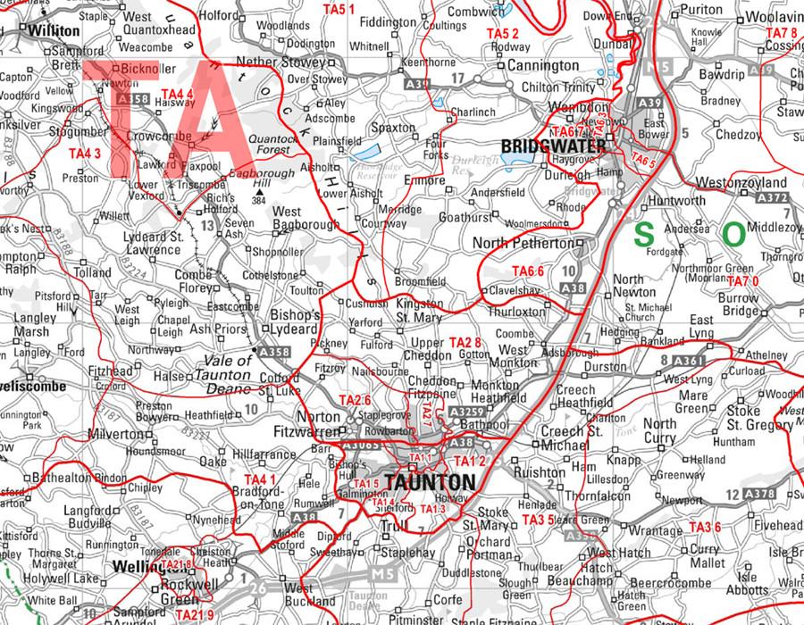Detailed Devon Postcode Map North Devon Postcode Map - Torquay, Taunton, Weston, Ilminster – Geopacks