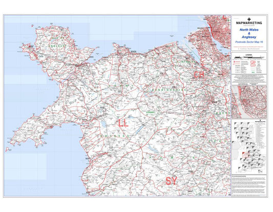 Wall Maps - North Wales And Anglesey Postcode Wall Map - Sector Map 16