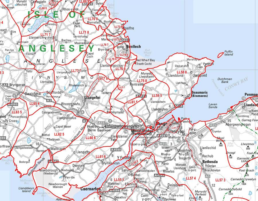 Wall Maps - North Wales And Anglesey Postcode Wall Map - Sector Map 16