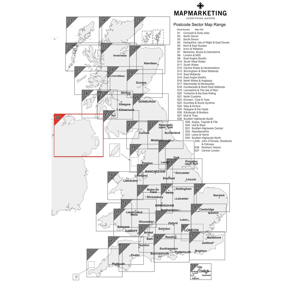 Northern Ireland (Belfast) Postcode Wall Map - Sector Map 36 – Geopacks