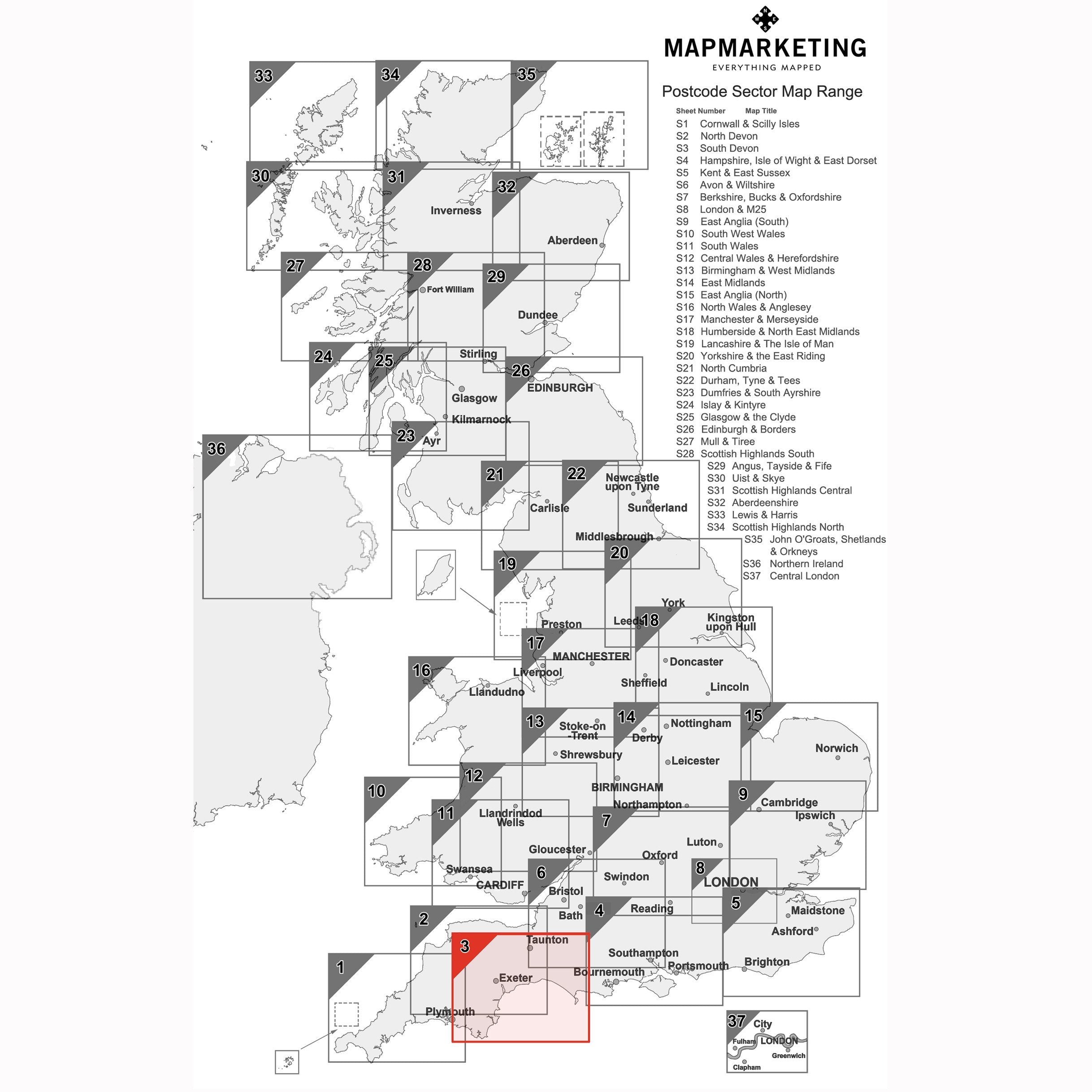 Detailed Devon Postcode Map South Devon Postcode Map - Sector Map 3 – Geopacks