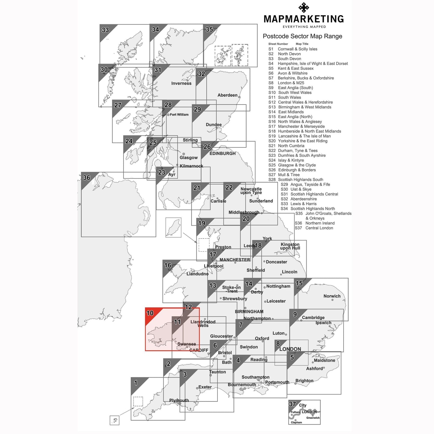 Wall Maps - South West Wales Postcode Wall Map - Sector Map 10